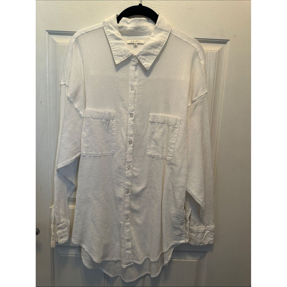 Z Supply White 100% Cotton Button-Front Oversized Shirt Staple Resortwear M/L